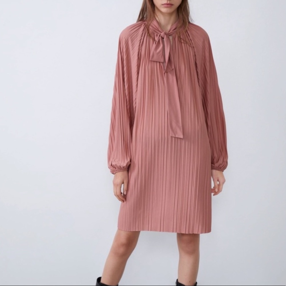 Zara pink pleated dress with tie